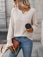 Striped Notched Long Sleeve T-Shirt