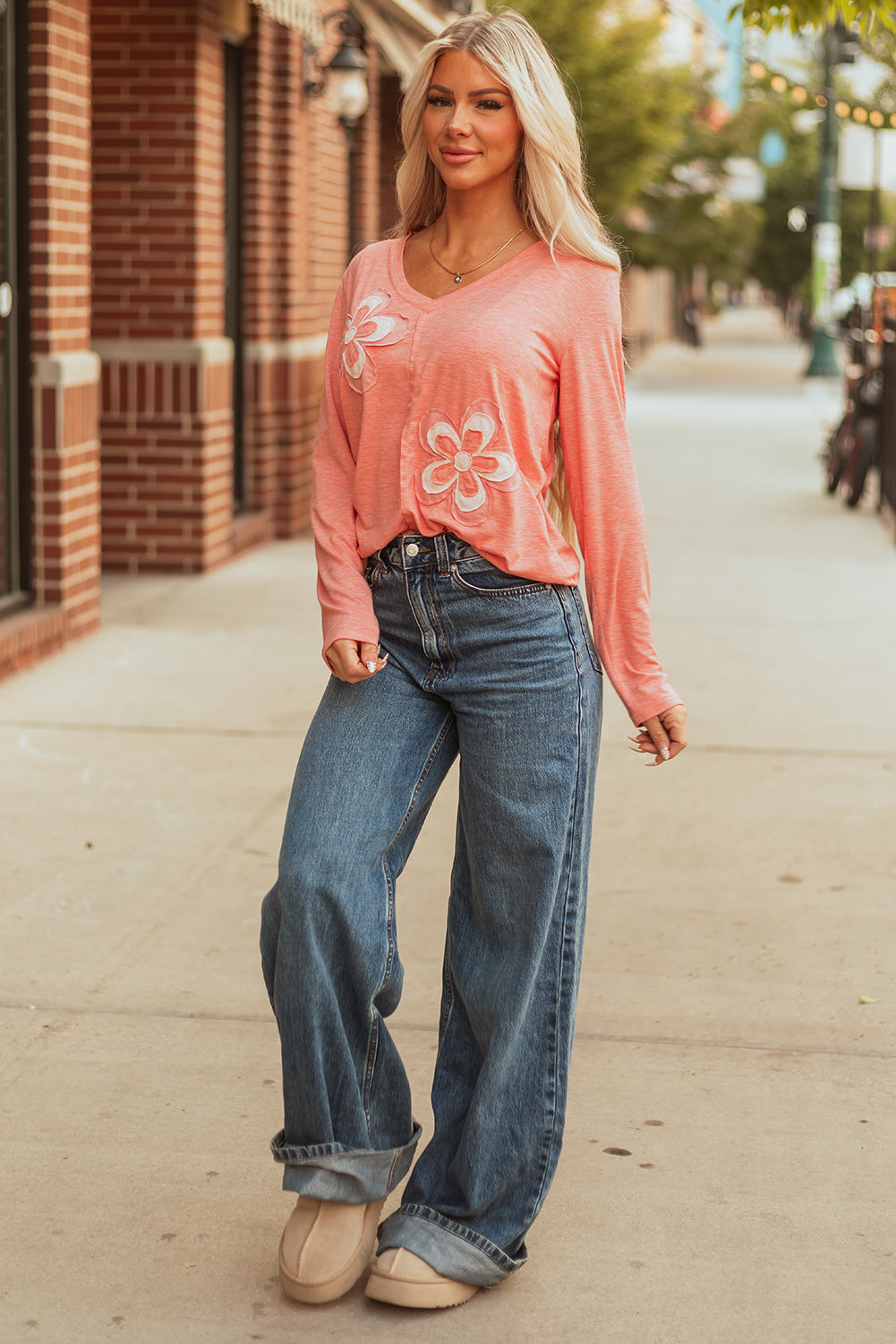 Fresh Salmon Floral Patchwork V Neck Long Sleeve T Shirt