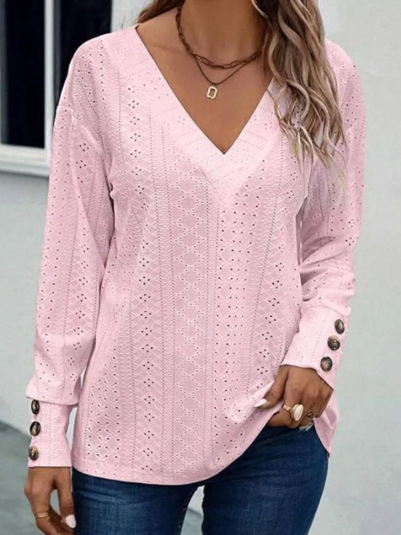 Eyelet V-Neck Long Sleeve T-Shirt