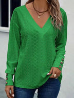 Eyelet V-Neck Long Sleeve T-Shirt