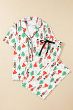 Cozy White Printed Christmas Pattern Button-Up Sleepwear Set - Short Sleeve Top & Loose Pants