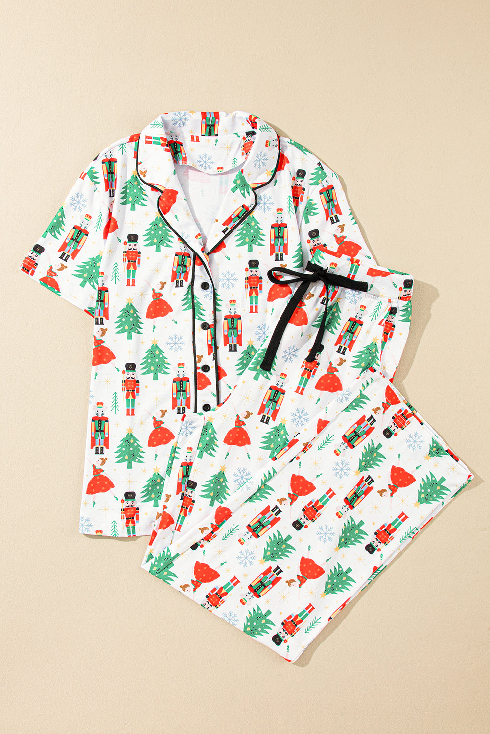Cozy White Printed Christmas Pattern Button-Up Sleepwear Set - Short Sleeve Top & Loose Pants