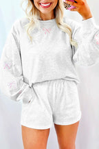 Light Grey Girly Bow Embroidered Detail Puff Sleeve Pullover 2pcs Short Set