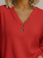 Full Size Casual Waffle Knit V-Neck Long Sleeve T-Shirt Plus Size