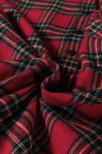 Red Plaid Shirt Collar Half Button Ruffle Hem Long Sleeve Mini Dress