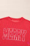 Racing Red "MERRY" Graphic Long Sleeve Top and Shorts Set with Corded Detailing - Casual & Festive Loungewear