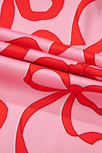 Chic Pink 2-Piece Bow Print Shirt Style Long Sleeve Pajama Set for Women