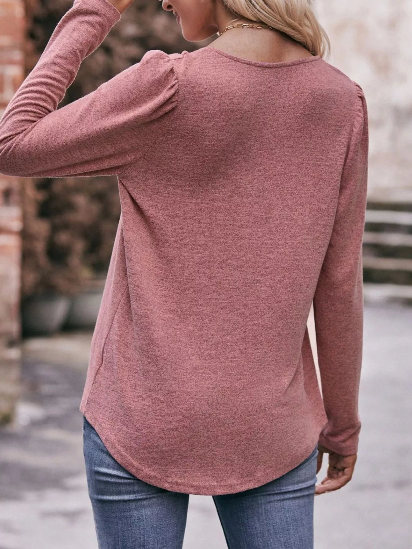 Pleated Square Neck Long Sleeve T-Shirt