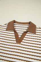 Khaki Stripe Collared Pullover Top and Drawstring Pant Set