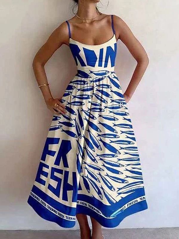 Vintage Women's Sardine Print Suspender Dress - Fashion Casual Polyester Dress (S-3XL)