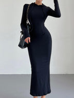 Women's Drop Shoulder Drawstring Hooded Dress - Casual Ribbed Long Sleeve Leisurewear