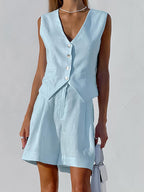 Paros Cotton Linen Blend Cover Up Two Piece Shorts Set for Leisure and Vacation