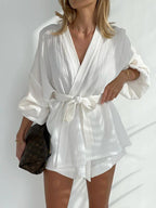 Chic Cotton Wonderland Tied Two-Piece Shorts Set - Casual Vacation Leisure Wear