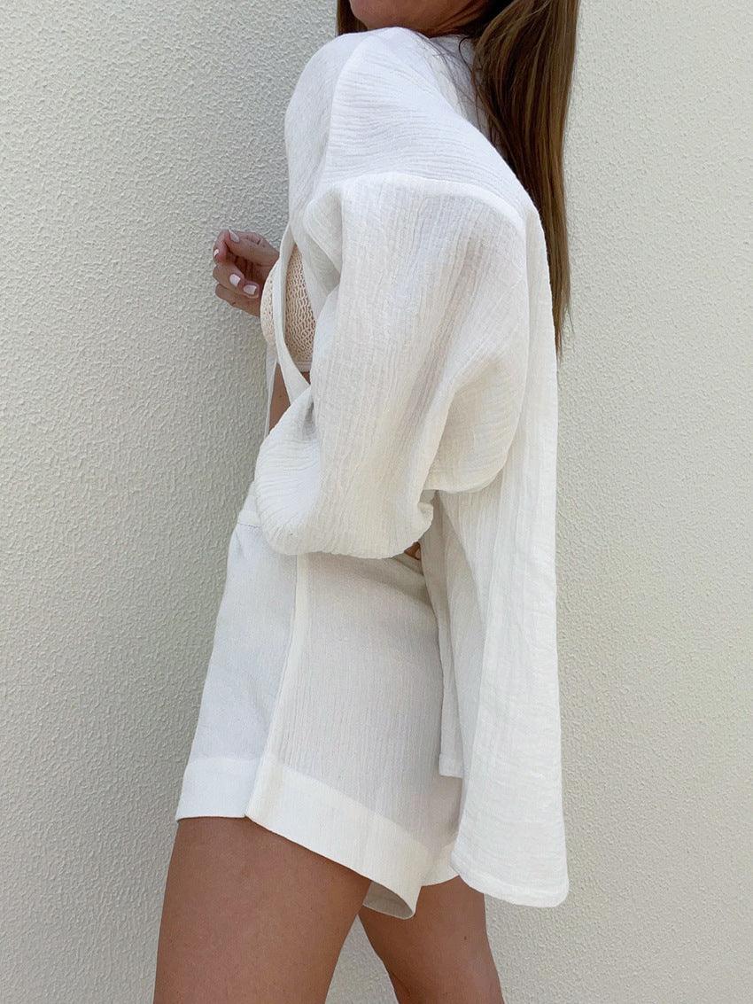 Chic Cotton Wonderland Tied Two-Piece Shorts Set - Casual Vacation Leisure Wear