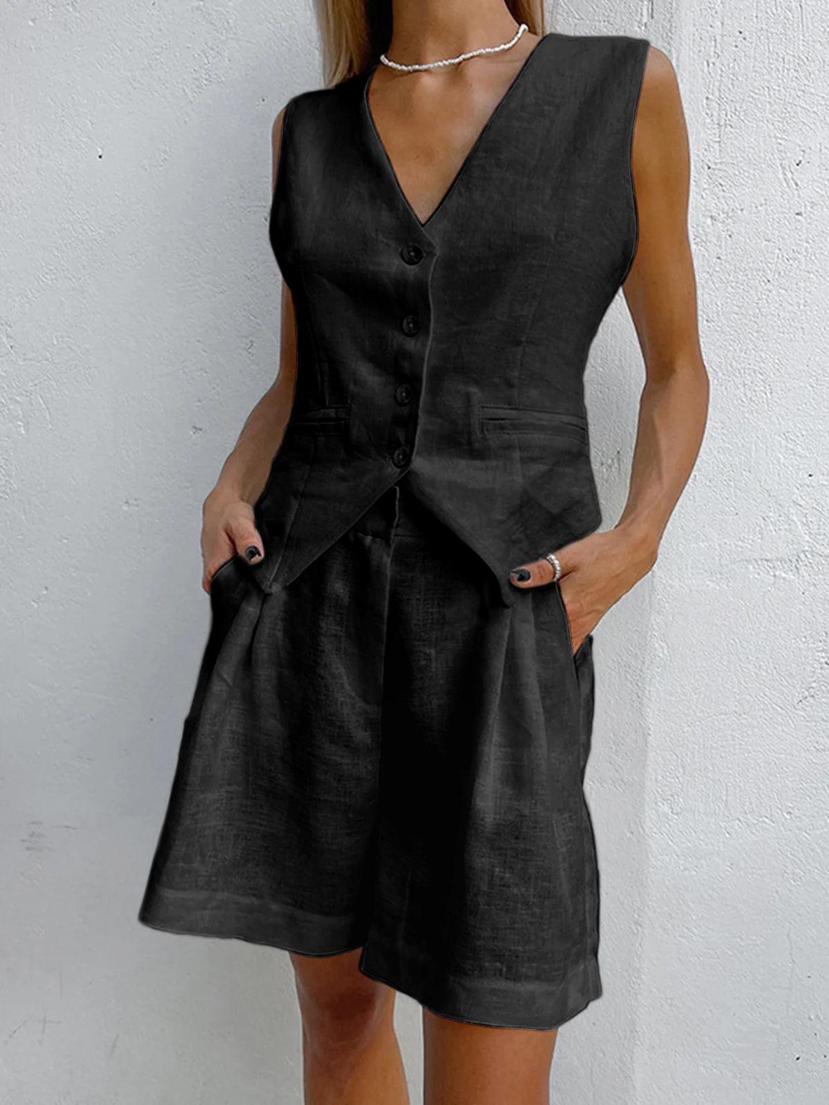 Paros Cotton Linen Blend Cover Up Two Piece Shorts Set for Leisure and Vacation