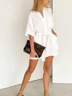 Tied Cotton Jumpsuit for Women - Casual, Short Sleeve, Crew Neck, Leisure Wear