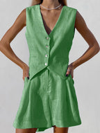 Paros Cotton Linen Blend Cover Up Two Piece Shorts Set for Leisure and Vacation