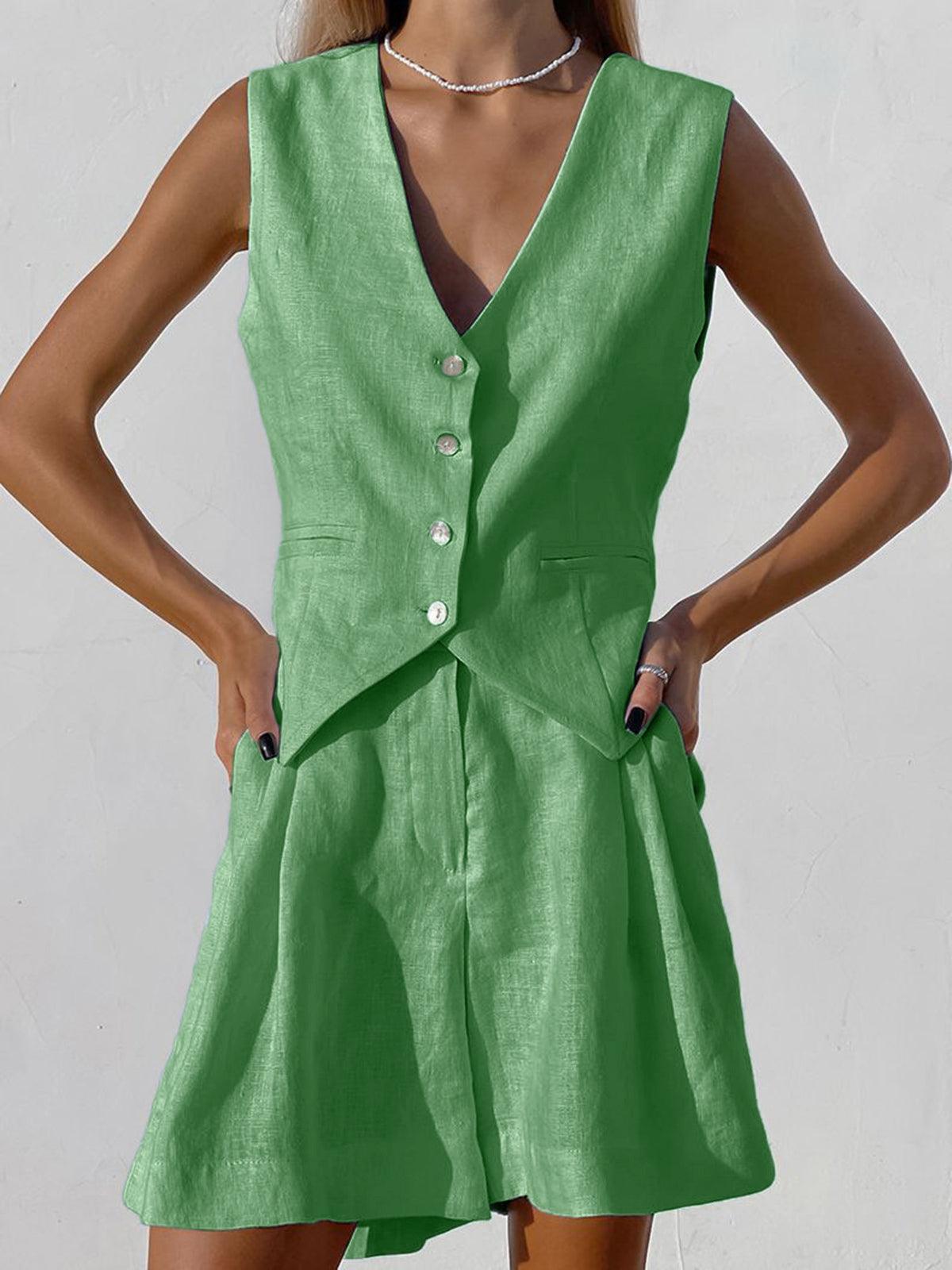 Paros Cotton Linen Blend Cover Up Two Piece Shorts Set for Leisure and Vacation