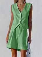 Paros Cotton Linen Blend Cover Up Two Piece Shorts Set for Leisure and Vacation