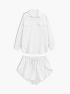 Chic Minimalist Collared Two Piece Shorts Set for Women - Casual Cotton Leisure Outfit