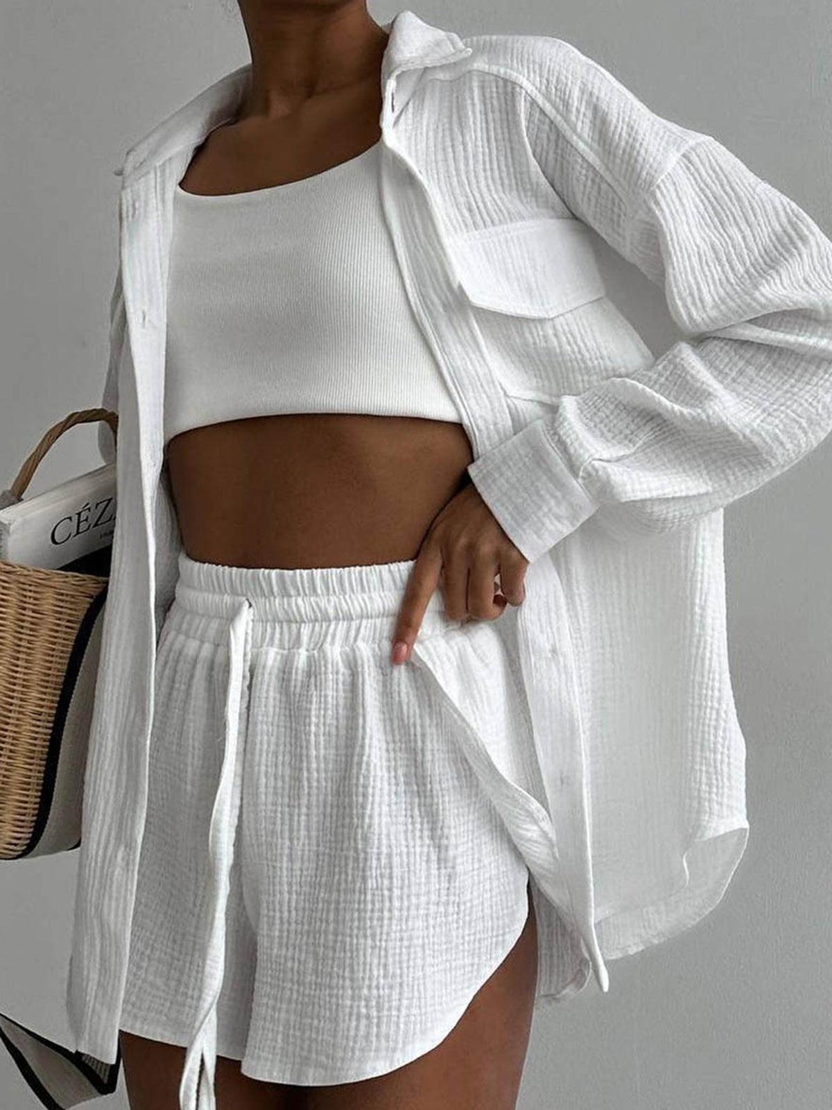 Chic Minimalist Collared Two Piece Shorts Set for Women - Casual Cotton Leisure Outfit