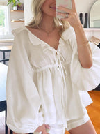 Women's Cotton & Linen Cowgirl Melody Two-Piece Shorts Set - Casual Ruffle Design