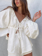 Women's Cotton & Linen Cowgirl Melody Two-Piece Shorts Set - Casual Ruffle Design