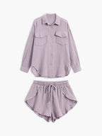 Chic Minimalist Collared Two Piece Shorts Set for Women - Casual Cotton Leisure Outfit