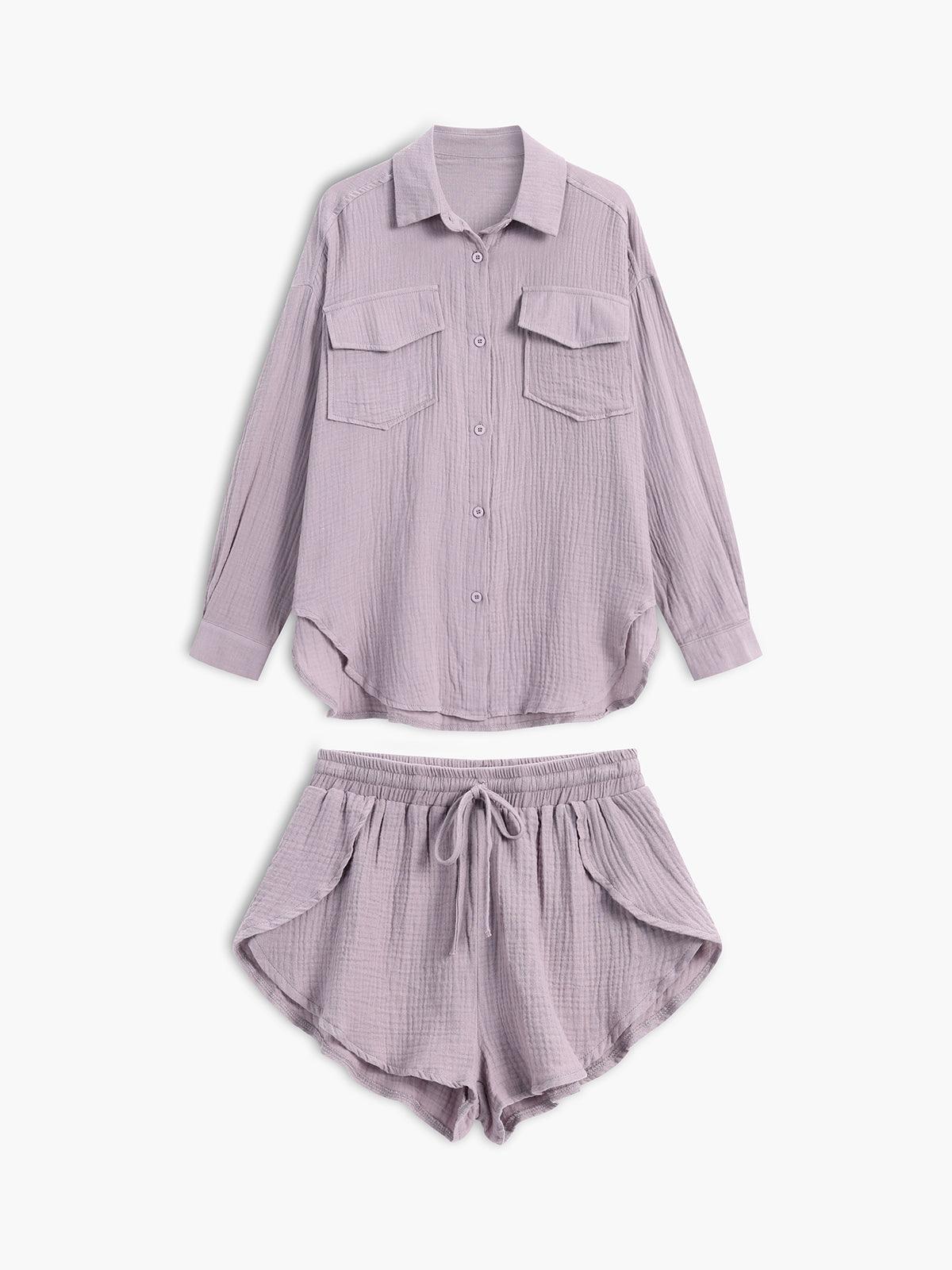 Chic Minimalist Collared Two Piece Shorts Set for Women - Casual Cotton Leisure Outfit