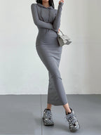 Women's Drop Shoulder Drawstring Hooded Dress - Casual Ribbed Long Sleeve Leisurewear