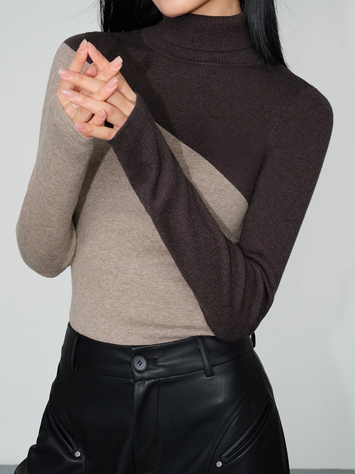 Asymmetric Patchwork Long Sleeve Mock Neck Knit Top - Unique & Stylish Casual Wear