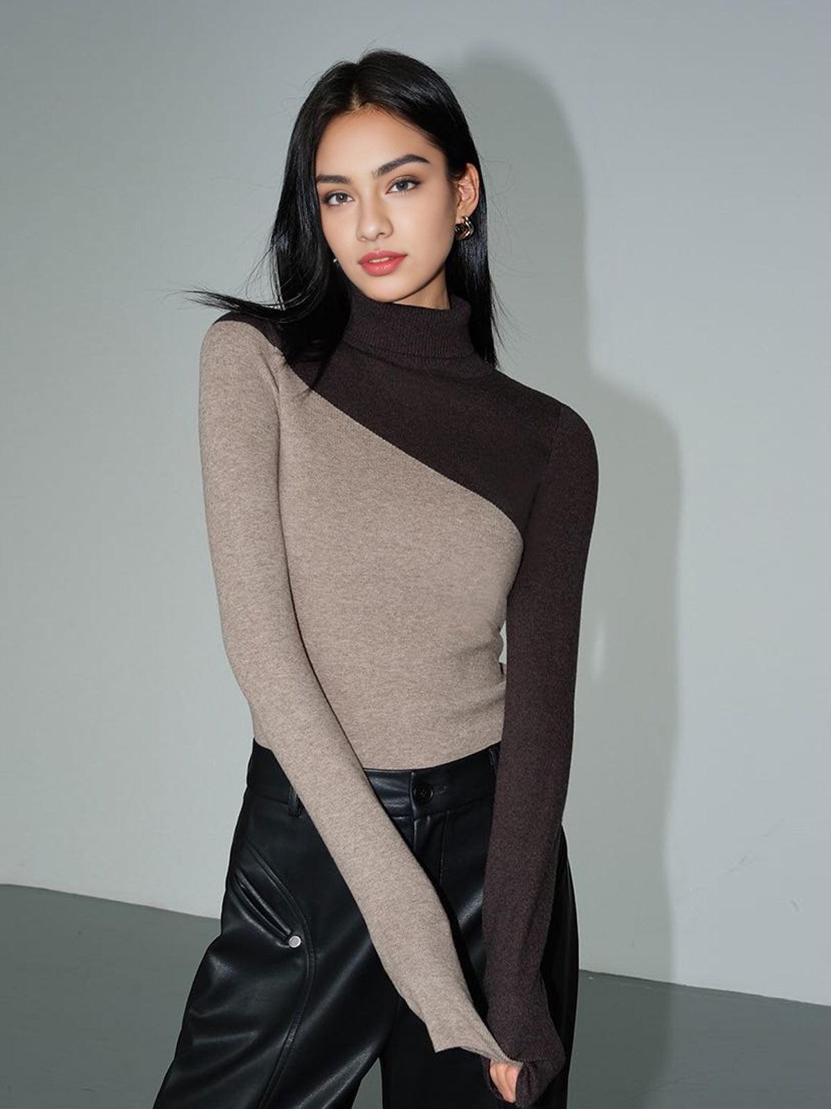 Asymmetric Patchwork Long Sleeve Mock Neck Knit Top - Unique & Stylish Casual Wear