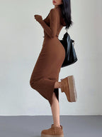Women's Drop Shoulder Drawstring Hooded Dress - Casual Ribbed Long Sleeve Leisurewear