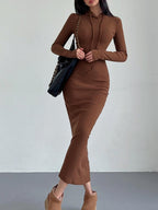 Women's Drop Shoulder Drawstring Hooded Dress - Casual Ribbed Long Sleeve Leisurewear