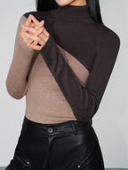 Asymmetric Patchwork Long Sleeve Mock Neck Knit Top - Unique & Stylish Casual Wear