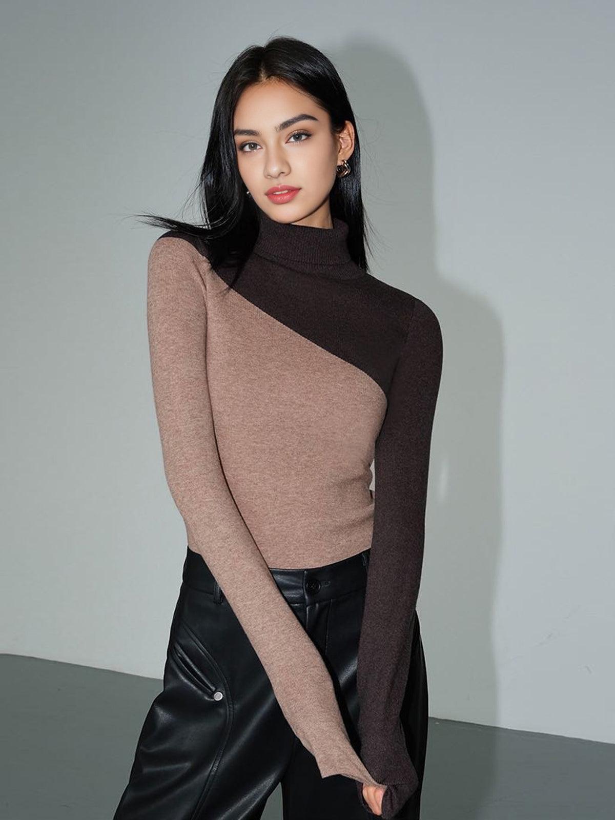 Asymmetric Patchwork Long Sleeve Mock Neck Knit Top - Unique & Stylish Casual Wear