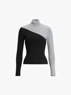Asymmetric Patchwork Long Sleeve Mock Neck Knit Top - Unique & Stylish Casual Wear
