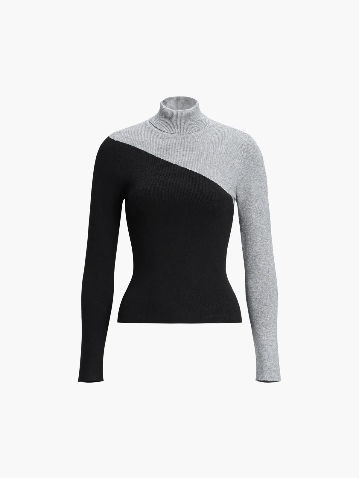 Asymmetric Patchwork Long Sleeve Mock Neck Knit Top - Unique & Stylish Casual Wear