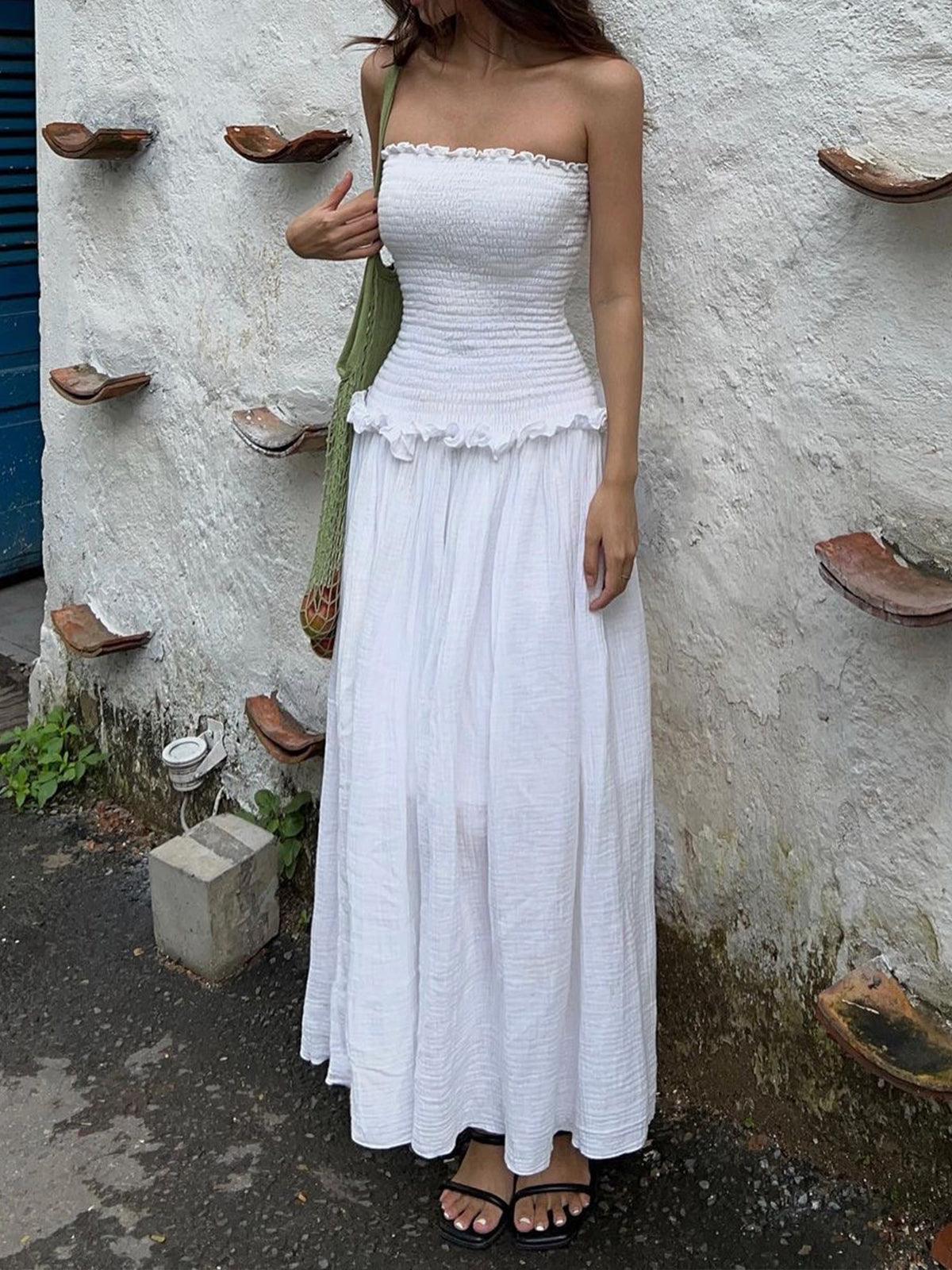 Sexy Cotton Blends Shirred Tube Long Dress - Perfect for Leisure & Vacation
