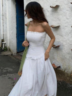 Sexy Cotton Blends Shirred Tube Long Dress - Perfect for Leisure & Vacation