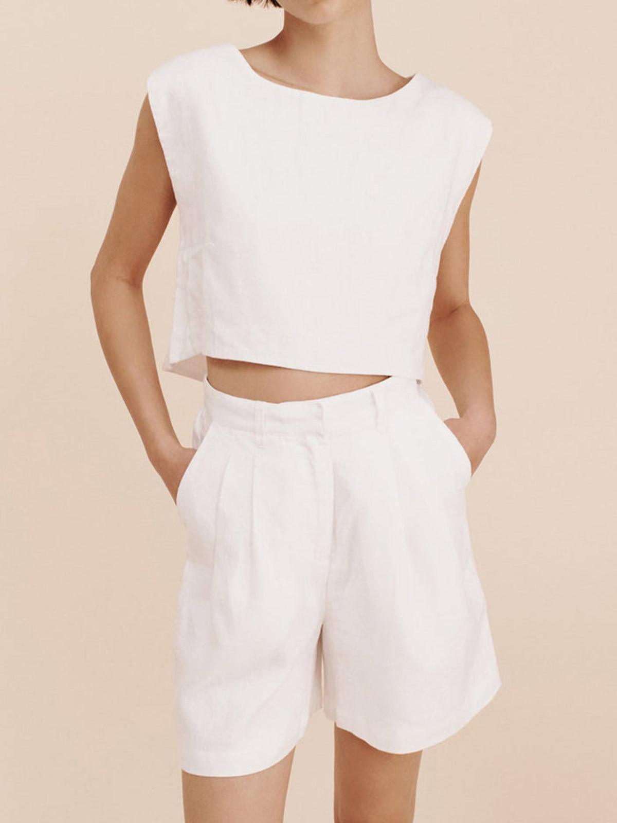 Women's Solid 100% Cotton Crop Top and Shorts Set - Comfortable & Elegant for Leisure, Work, Vacation