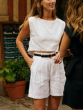 Women's Solid 100% Cotton Crop Top and Shorts Set - Comfortable & Elegant for Leisure, Work, Vacation