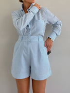 Comfortable Cotton and Linen Long Sleeve Loose Fit Shorts Set for Women - Versatile & Breathable