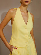 Women's Summer Cotton & Linen Backless Tie Back Shorts Set - Casual Vacation Wear