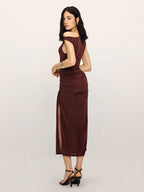 Women's Drawstring Split Neck Midi Tank Dress - Elegant Jersey Style for Leisure and Work
