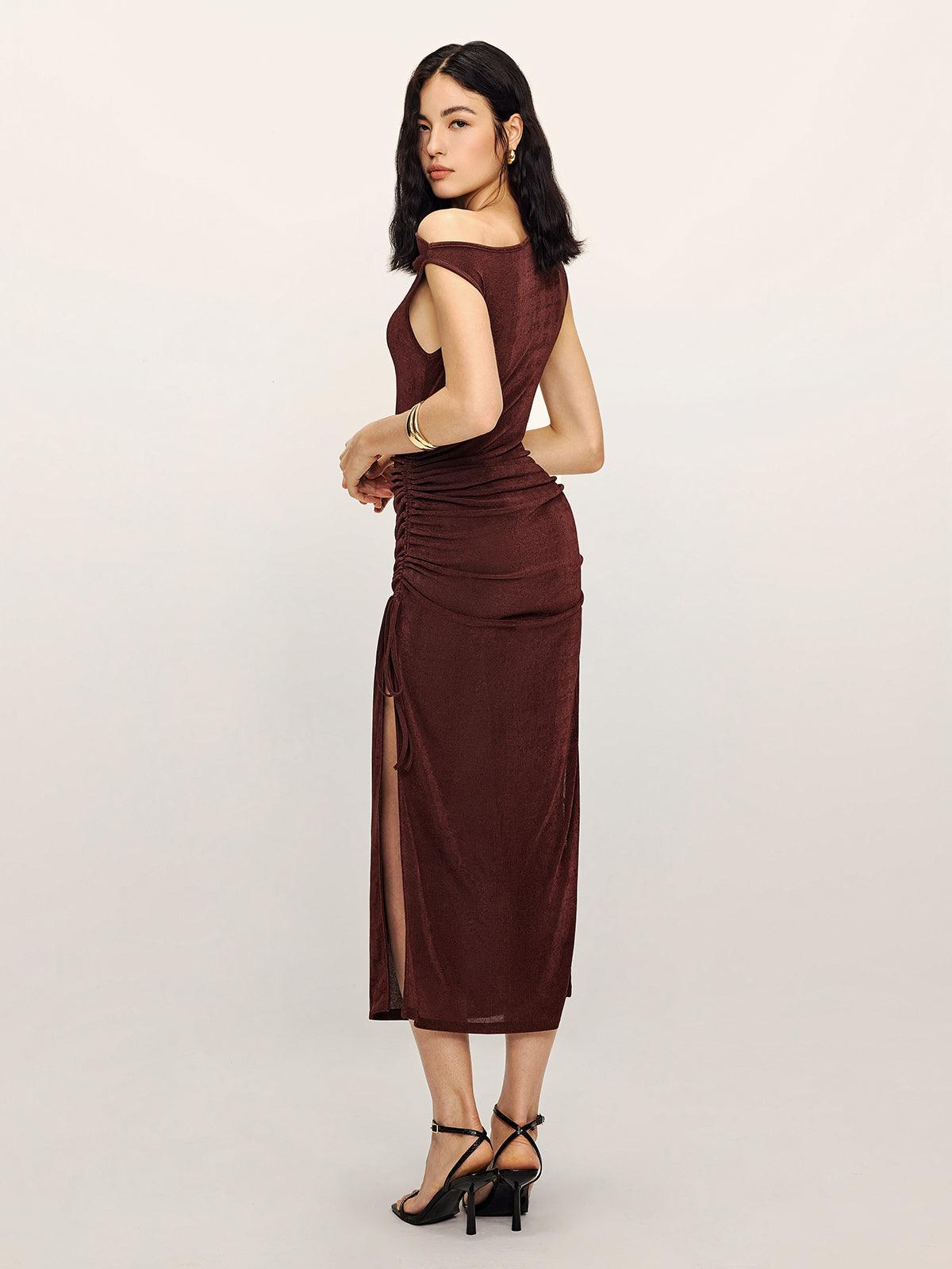 Women's Drawstring Split Neck Midi Tank Dress - Elegant Jersey Style for Leisure and Work