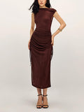 Women's Drawstring Split Neck Midi Tank Dress - Elegant Jersey Style for Leisure and Work
