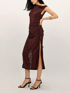 Women's Drawstring Split Neck Midi Tank Dress - Elegant Jersey Style for Leisure and Work