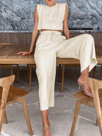 Elegant Linen Two Piece Wide Leg Pants Set for Women - Comfortable & Stylish