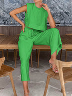 Elegant Linen Two Piece Wide Leg Pants Set for Women - Comfortable & Stylish